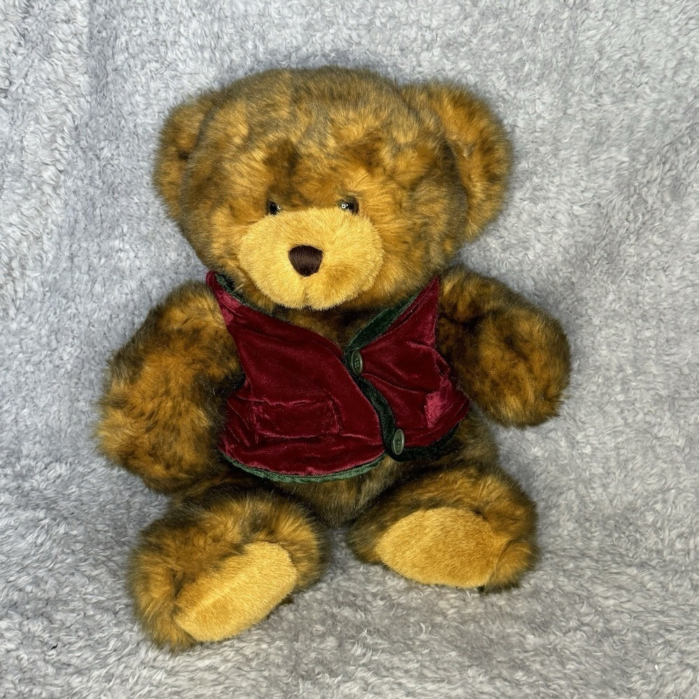 Dan Dee Teddy Bear Plush 12" Brown Red Vest Soft Stuffed Animal Vintage Cute